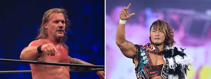 Split image of Chris Jericho and Hiroshi Tanahashi